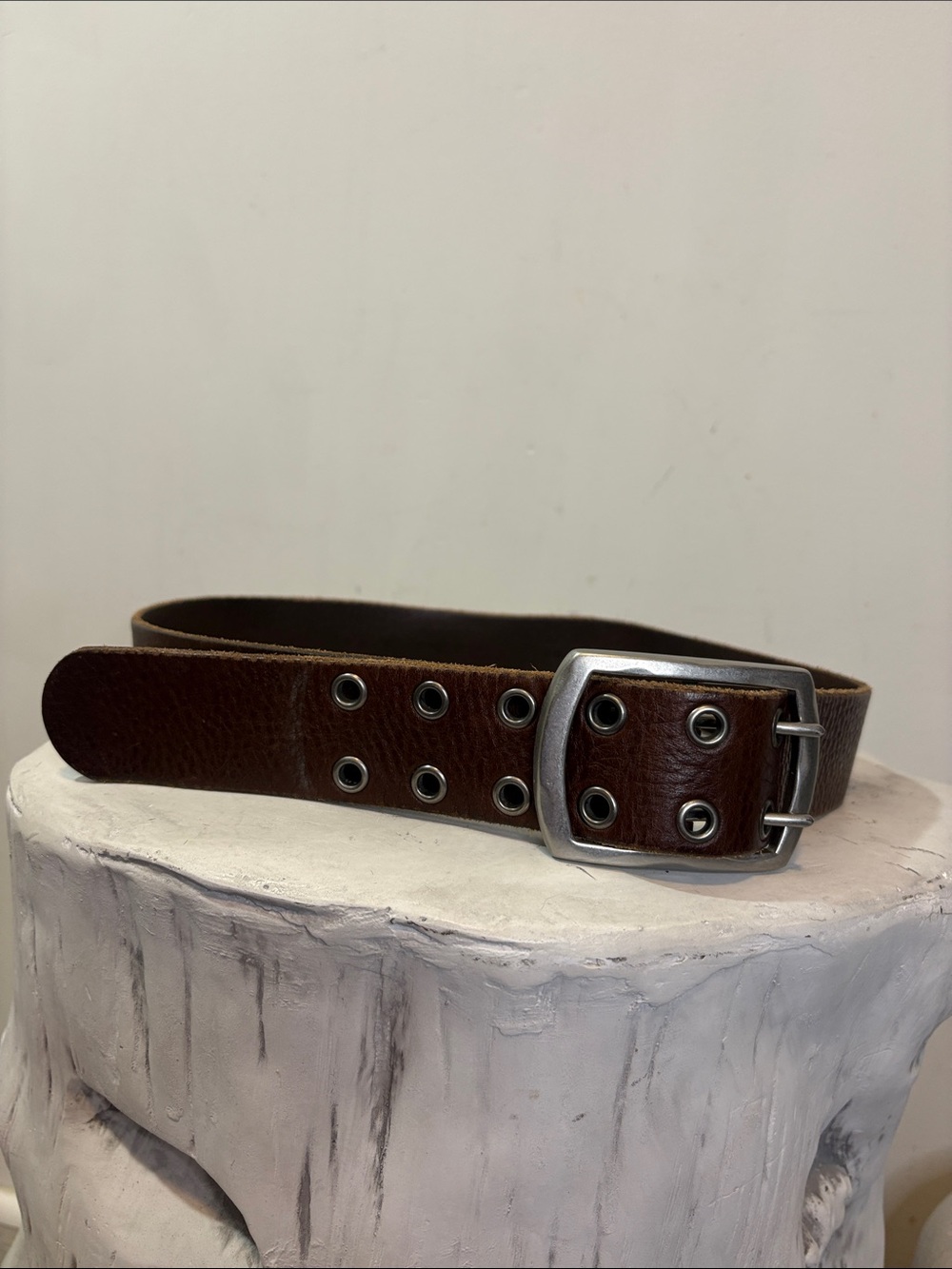 J.Crew Brown Genuine Leather Double Prong Silver Grommet Large Buckle Belt 36